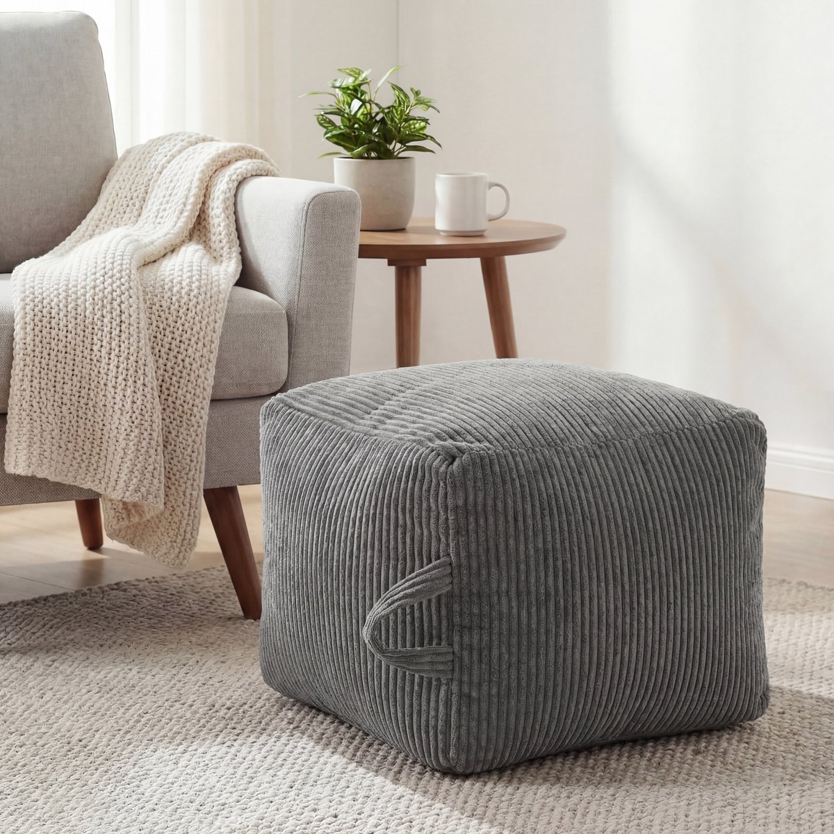 SHANNA Vierkante Poef - Zachte Corduroy - 50×50×35 cm - Donkergrijs - Afneembare ritshoes - Multifunctionele voetensteun