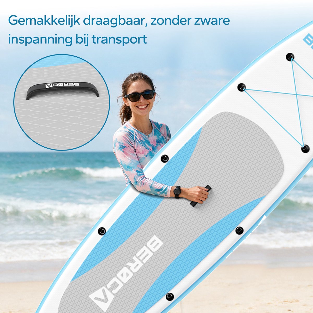 BEROCA SUP Board - met Zitje - Opblaasbaar Paddle Board - Complete Set - 320x81cm - Max. 160 kg- Blauw Wit – foto 6