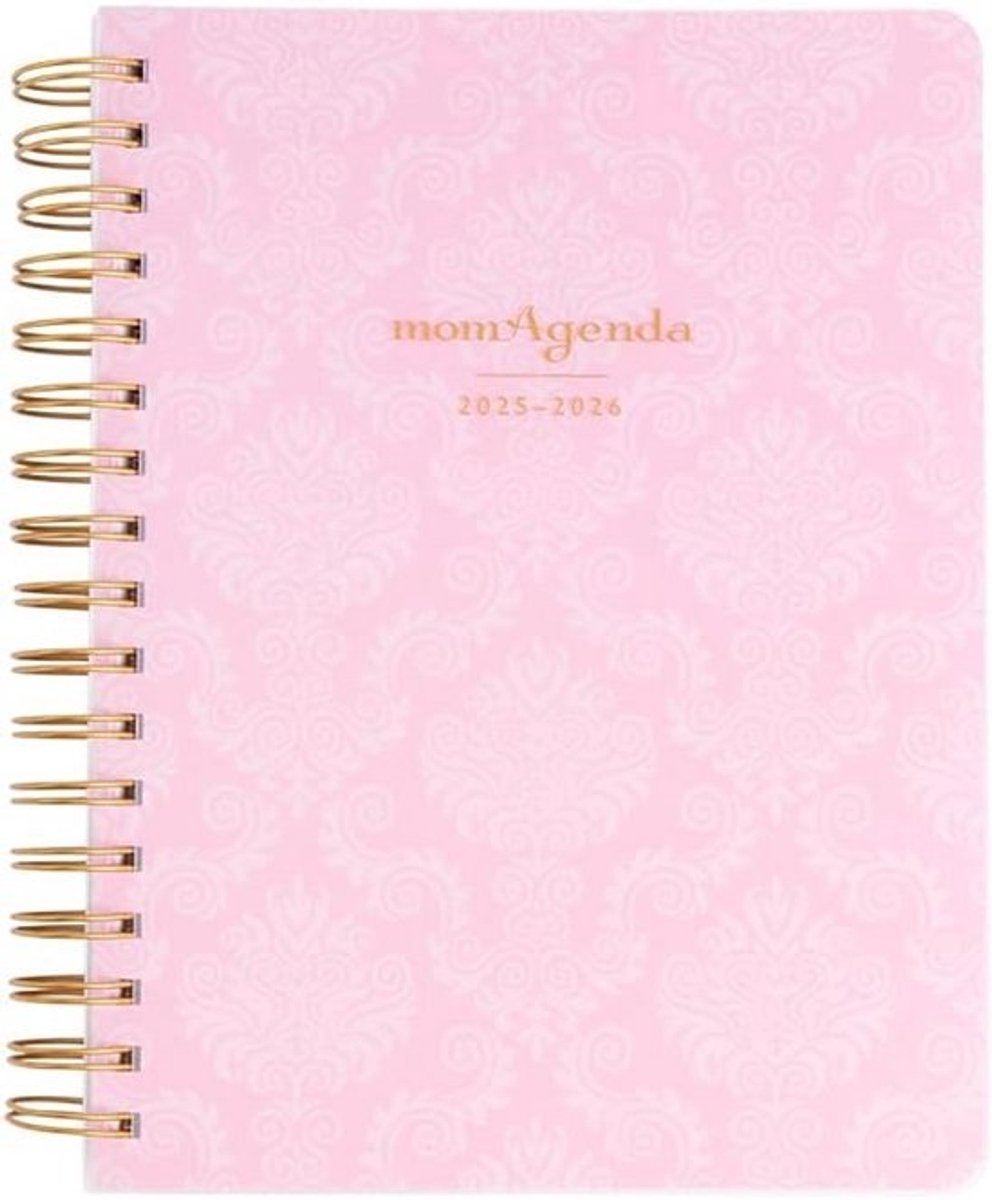 Desktop Planner voor Drukte Moeders - Momagenda - Zomer 2025 - Winter 2026 - 18 Maanden Agenda - 4 Kinderen - Roze Damast