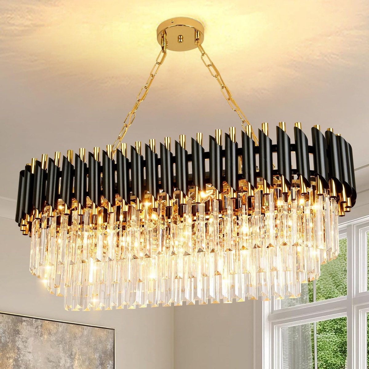 Zwarte en goude kristal kroonluchter hanglamp - Ovaal moderne kristal kroonluchter voor woonkamer, eetkamer - ShopVlot