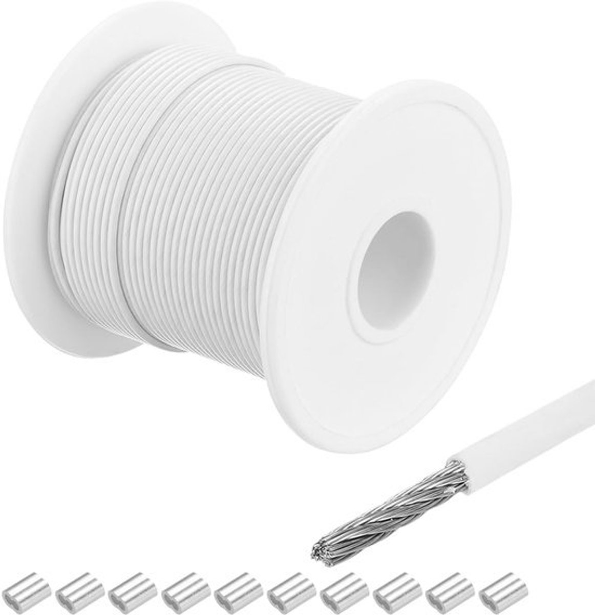 30 m kabel roestvrij staal 2 mm vinyl coating - 10 aluminium hulzen - ophangkabel buiten binnen