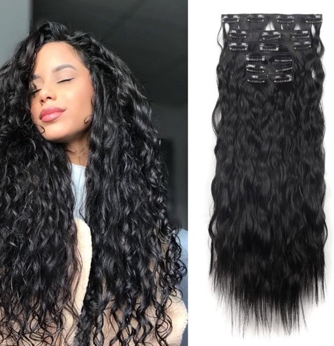 Clip-in Haarextensions 50 cm – Golvend Synthetisch Haar 6 Wefts met Clips voor Volume en Lengte – Weduwe Krullend Extensions Set voor Vrouwen
