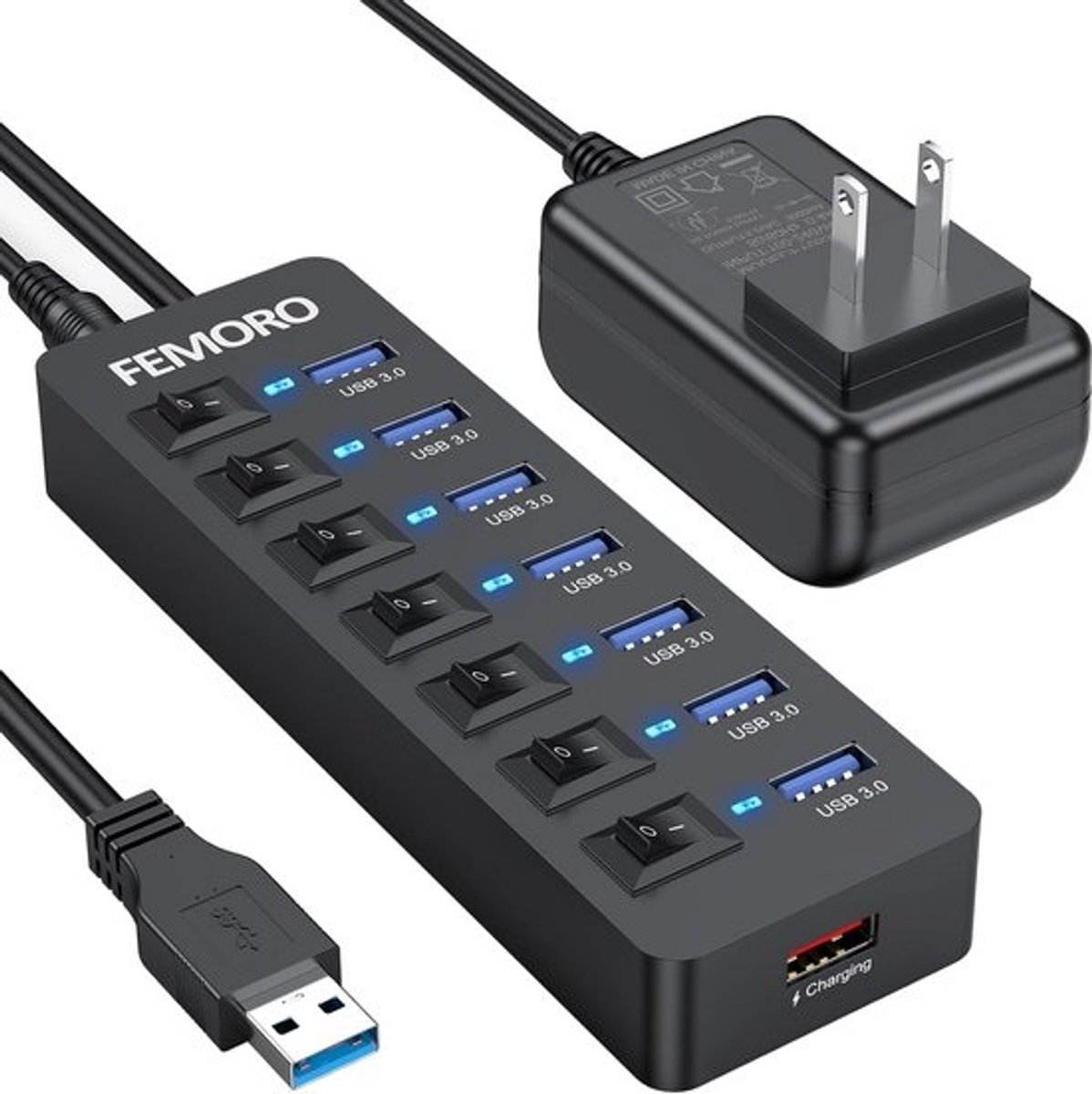 USB 3.0 Hub 7 poorts met oplaadfunctie en LED-schakelaars