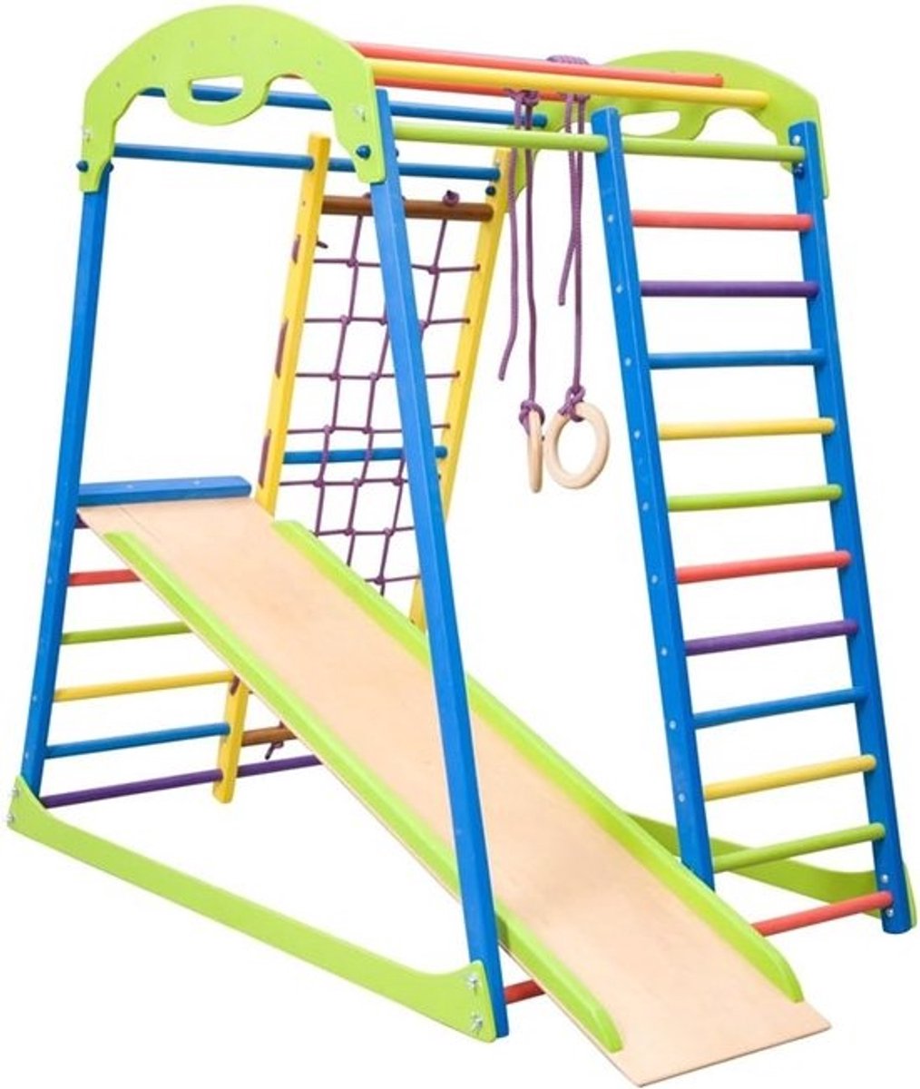 Kinder Klimrek - Binnen Speeltoestel - Actieve Ontwikkeling - Gemaakt van Beukenhout - 130x84x130 cm - Rood Blauw