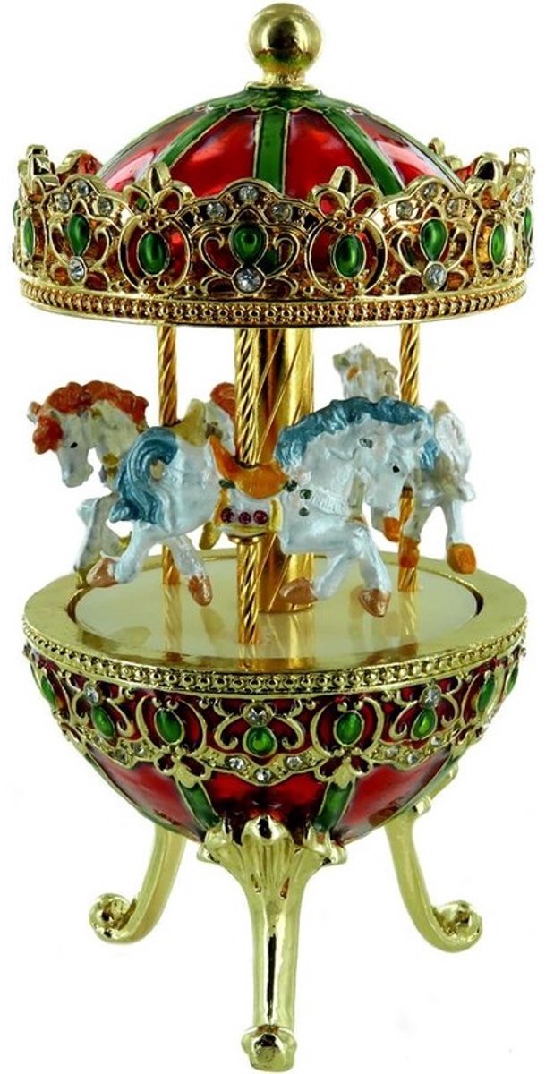 Luxe Fabergé Stijl Muziekdoos Ei met Draaiende Carrouselpaarden - Brahms Waltz