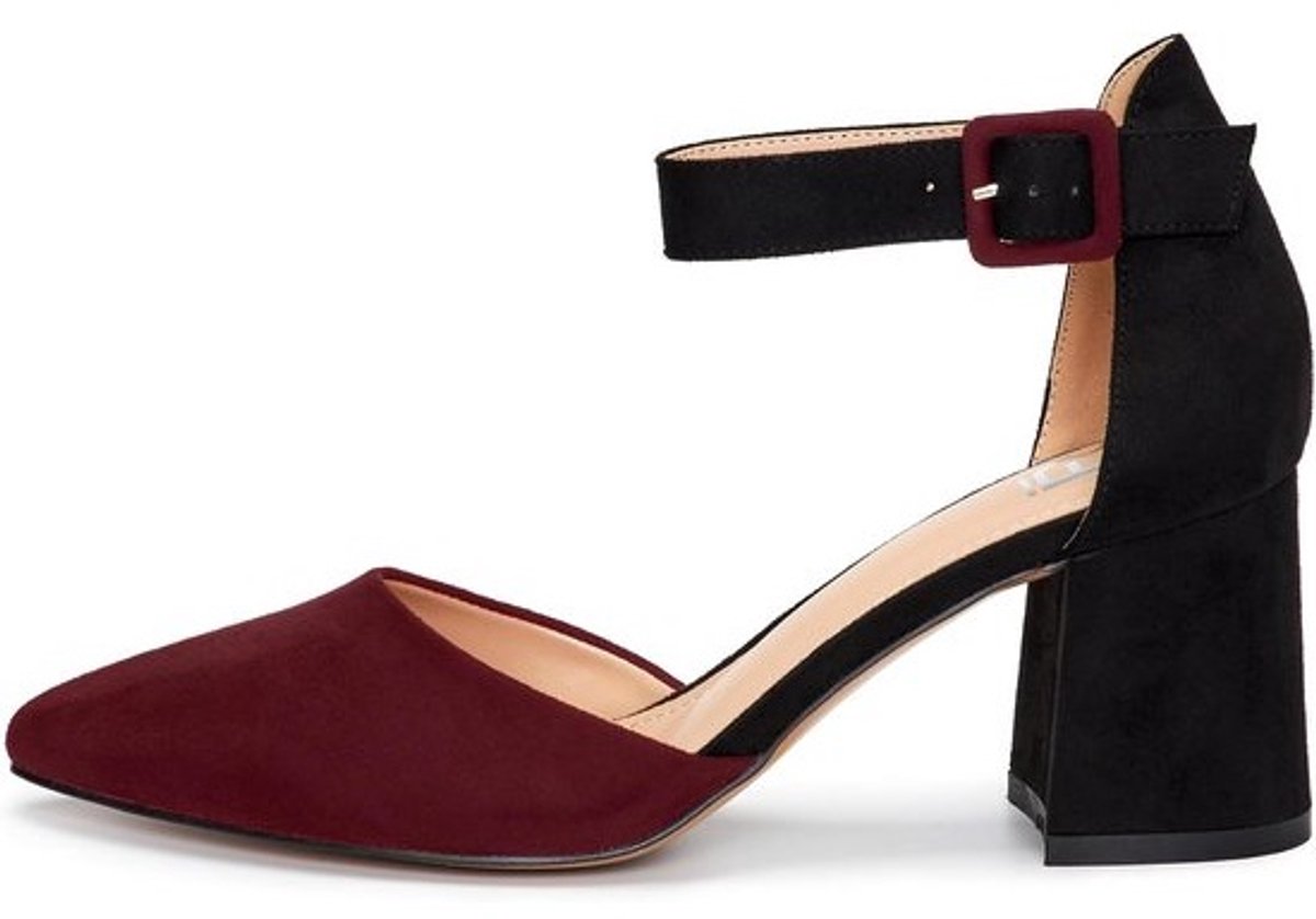 Dames Pumps met Blokhak en Vetersluiting - Imitatiesuède & Kunstleer