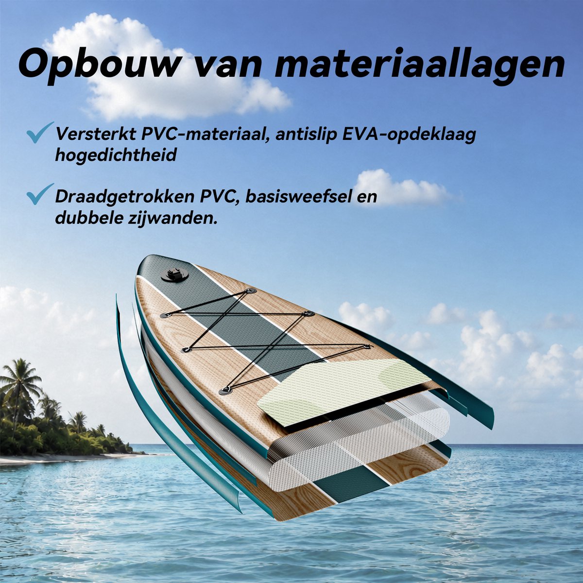 BEROCA SUP Board - met Zitje - Sup Board Opblaasbaar - Complete Set - 320x81cm - Max. 160 kg -Groen houtnerf – foto 7