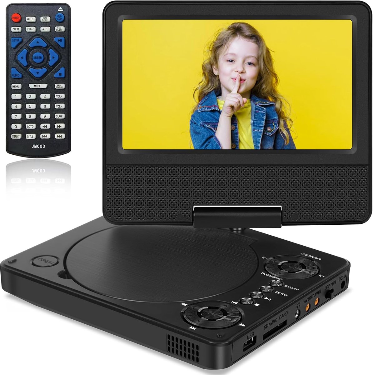 Draagbare DVD-speler 9,5 inch met 7,5 inch Draaibaar Scherm, 5 Uur Batterijduur, Dubbele Luidsprekers, 270° Draaibaar, Regiovrij, Synchronisatie met TV, USB/SD, voor Kinderen, Reizen en Roadtrips