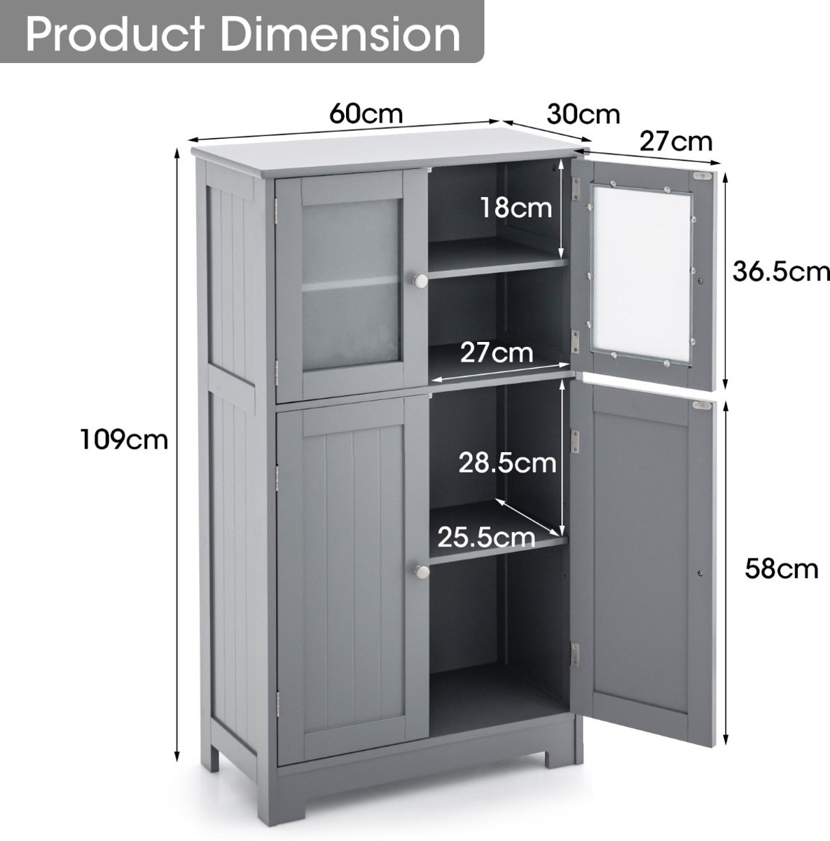 SureDeal® - Ladekast - Deur Badkamer Vloerkast - Glazen Deuren Houten - 58x30x109 cm - Grijs