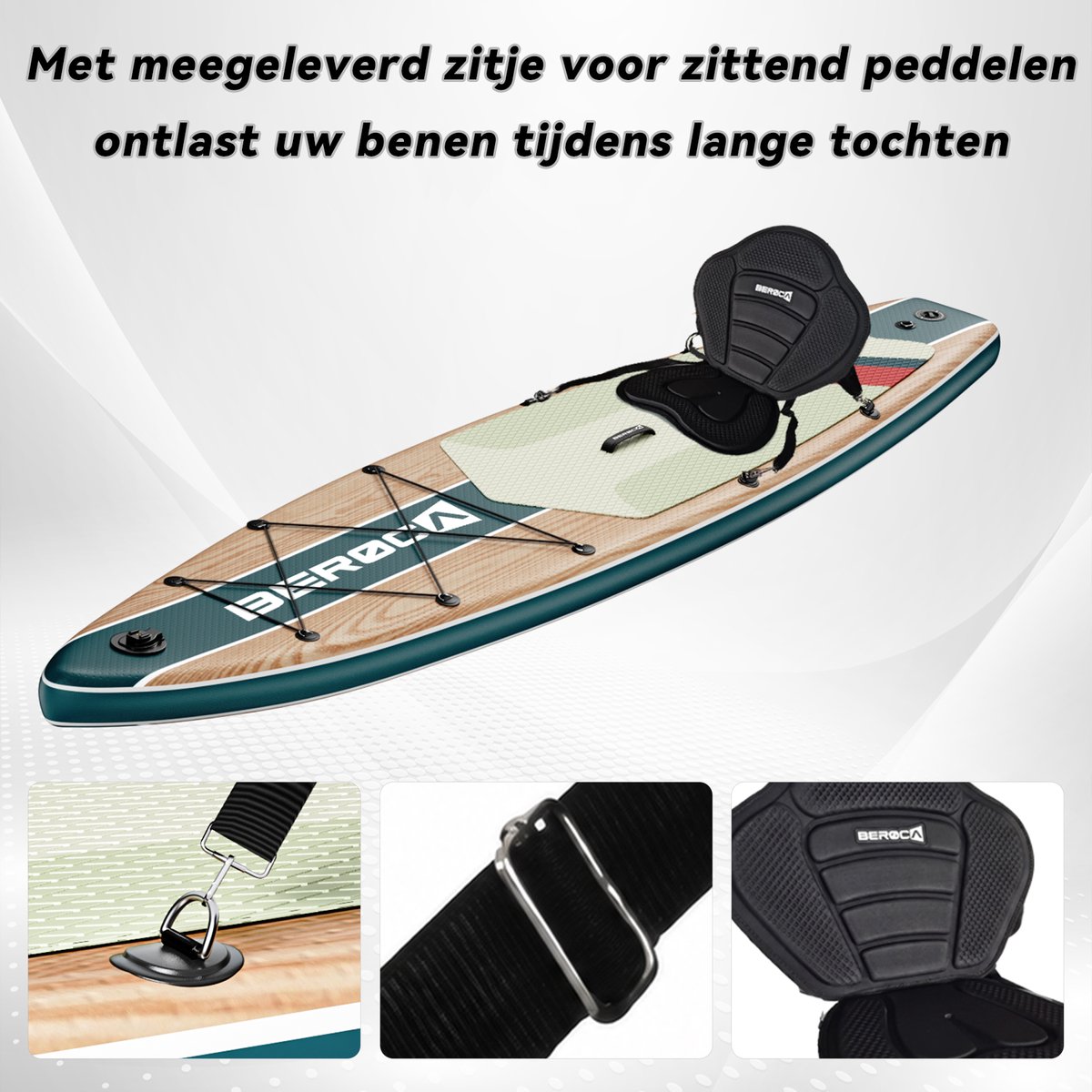 BEROCA SUP Board - met Zitje - Sup Board Opblaasbaar - Complete Set - 320x81cm - Max. 160 kg -Groen houtnerf – foto 6