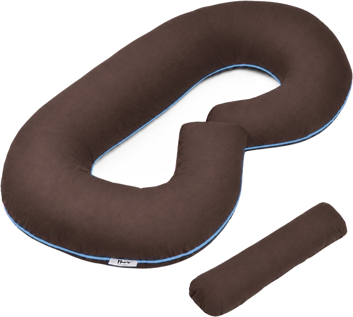 Flumi - Zwangerschapskussen C-vorm - multifunctioneel gebruik - geschikt voor slapen en voeden - chocoladebruin met blauwe bies