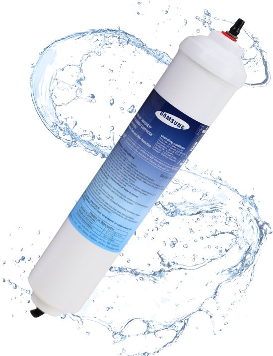 Witte Samsung in-line waterfilter met blauw/groene verpakking en water splash.