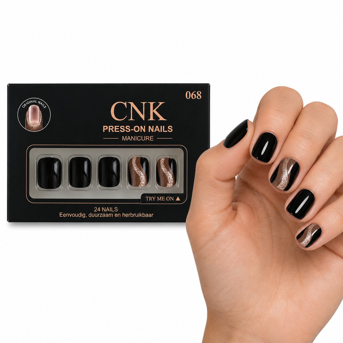 CNK 068 Press On Nails - Plaknagels - 24 Kunstnagels met Nagellijm, 24 Zelfklevende Plakstickers, Cleaner Wipe, Nagelvijl, Woodstick & Size Matcher - Nepnagels voor 7-14 Dagen - Herbruikbare Press-On Nagels - Starterspakket voor Manicure & Nail Art