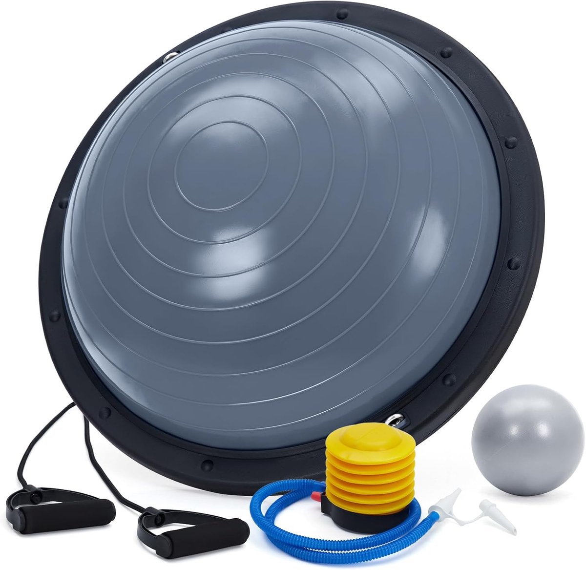 Balansbord met Halve Oefenbal voor Yoga en Fitness, Anti-slip Trainingsapparaat met Stevige Basis, Inclusief Weerstandsbanden en Pomp, 23 Inch, Grijs