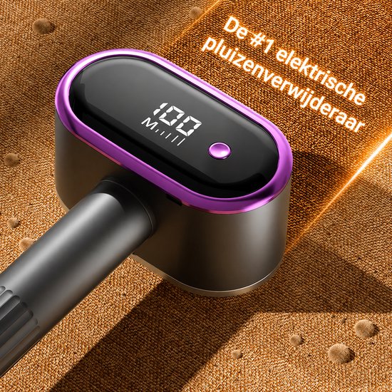 Elektrische pluizenverwijderaar met paars accent en digitaal display met "100".