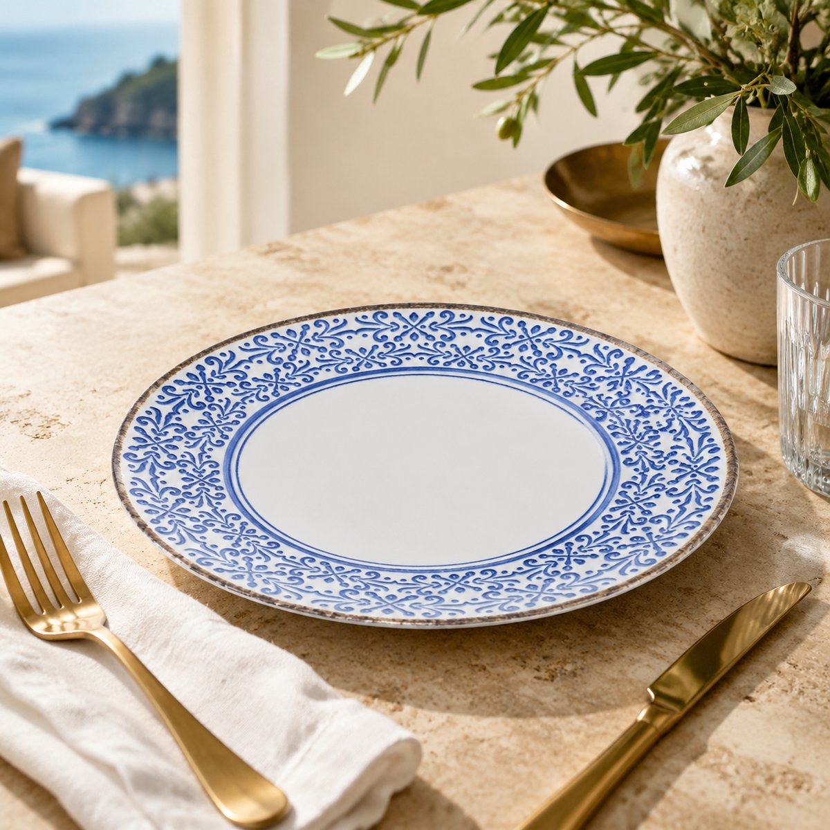 Fameilleur Diner borden set Blauw 25 cm – 6-Delige Porseleinen Bordenset met Mediterraan decor-dinerbordenset 6 personen, blauwe borden set, porselein- 6-delige bordenset, dinerborden 25 cm, platte borden blauw, mediterrane borden- horeca bordenset