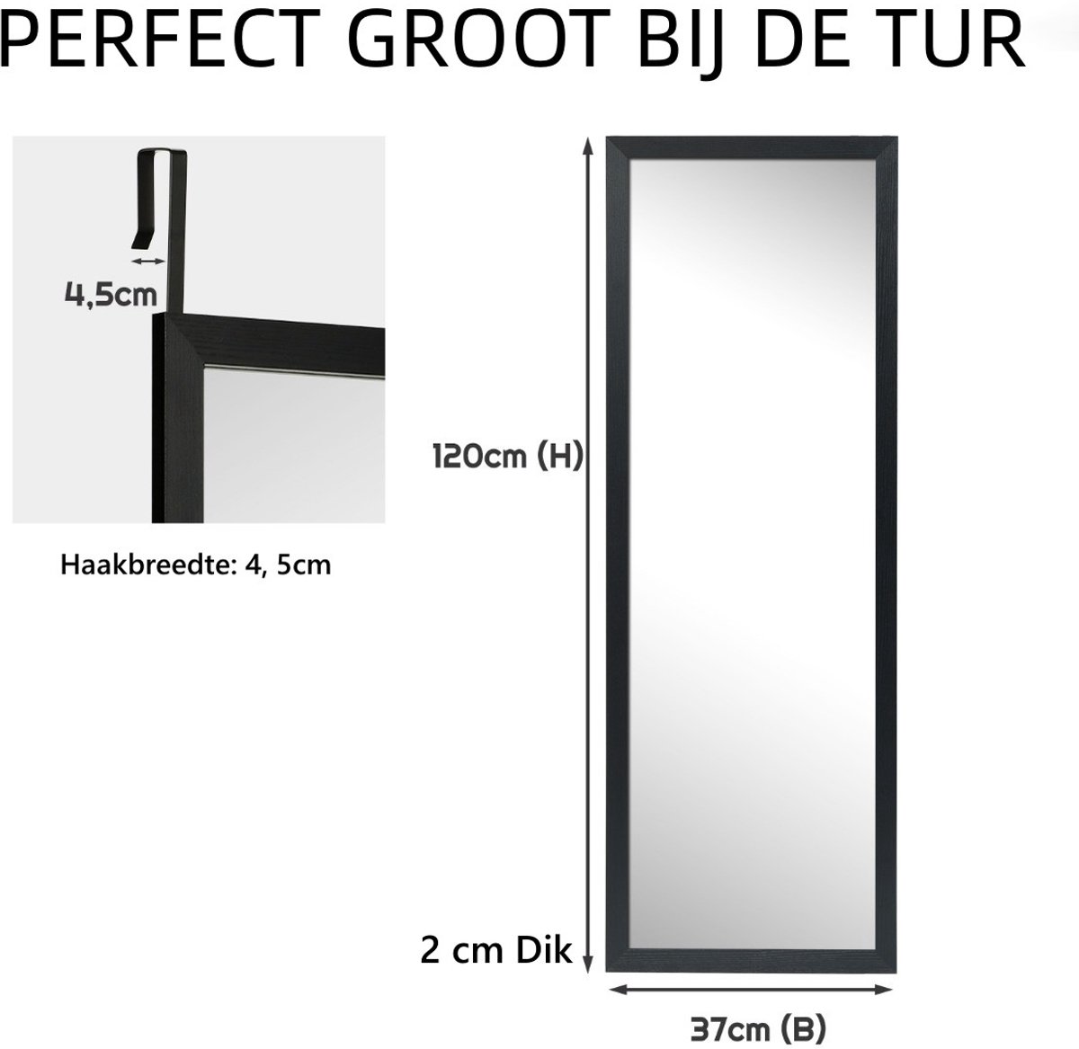 SureDeal® - Wandspiegel - Deurspiegel - Hoogte Verstelbare Hangende - Slaapkamer Zwart - 120x37 cm - Zwart