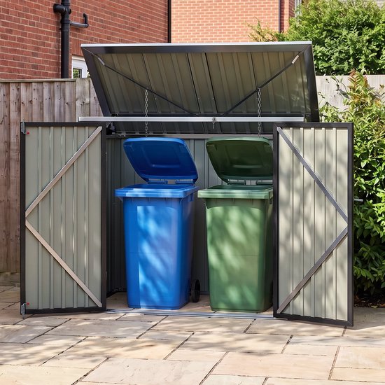 Antracietkleurige ombouw voor afvalcontainers, open met twee blauwe en groene vuilnisbakken binnenin.