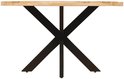 Eettafel met een lichtbruin mangohouten blad met rechte rand en een zwart matrix onderstel.