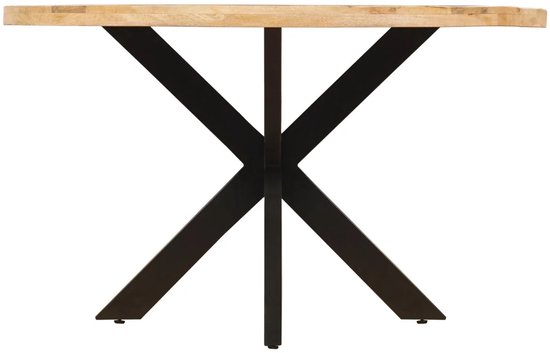 Eettafel met een lichtbruin mangohouten blad met rechte rand en een zwart matrix onderstel.