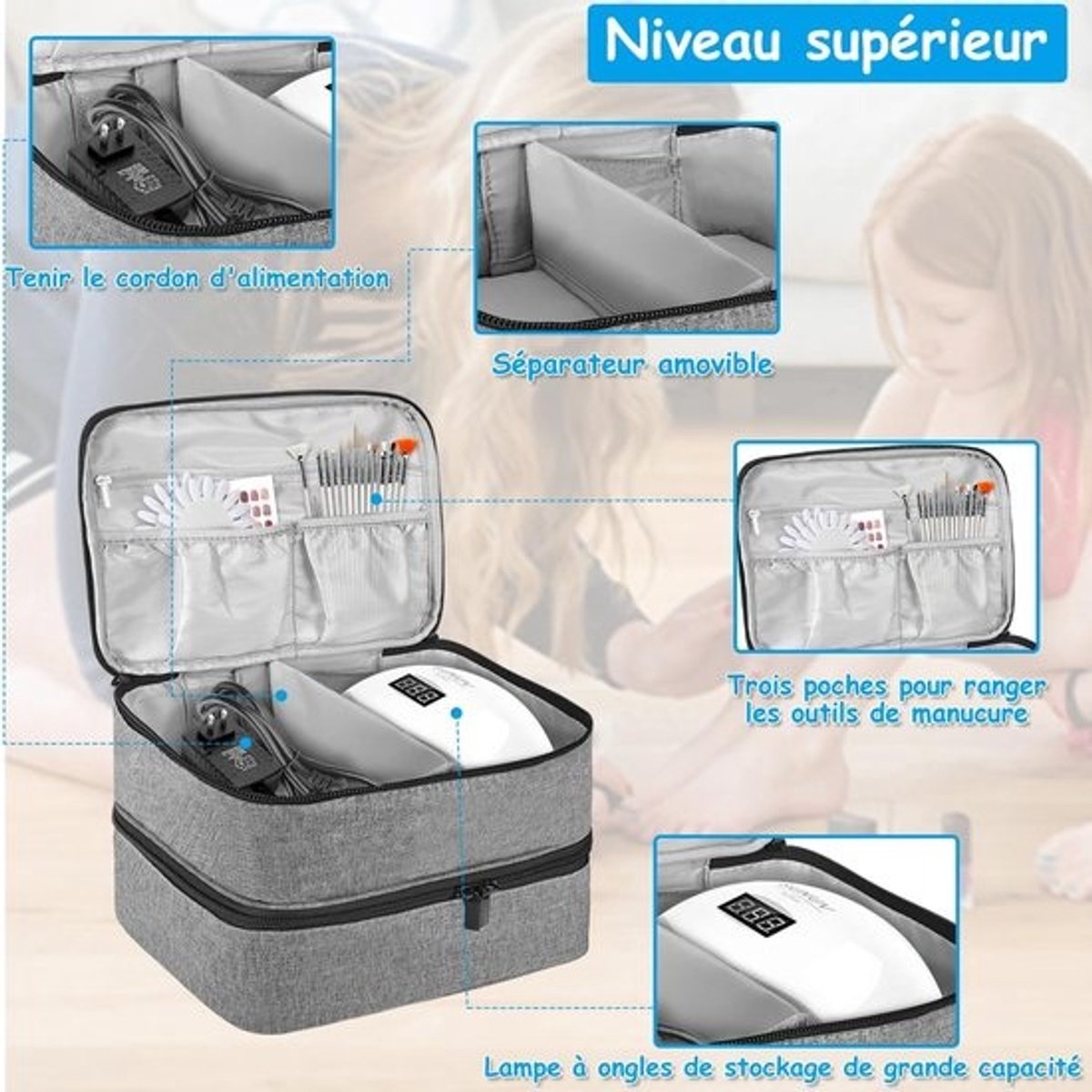 Nagelspullen Organizer - Manicure Tas - Nagels Verzamelen - Dubbele Laag Ontwerp - 30 Flessen - Grijs