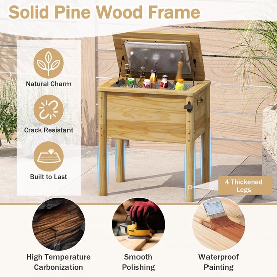 SureDeal® - Koelbox - Houten Terraskoeler Buitenkoeler - Handgrepen - Flesopener Rustieke Ijsemmer - Afvoerplug - 67x47x74 cm - Naturel van suredeal — afbeelding 3