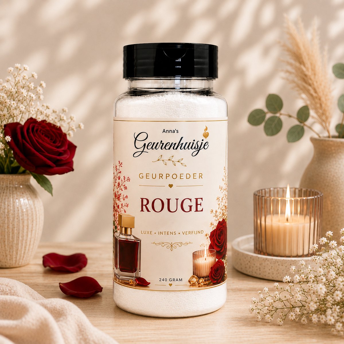 Geurpoeder Rouge - Geinspireerd op bekend parfum - Interieurpoeder - Handmade - Voor Tapijt, Bank, Auto, Camper, Caravan & Stofzuiger - 240 gram - dierproefvrij - verfrissend - langdurige geurafgifte
