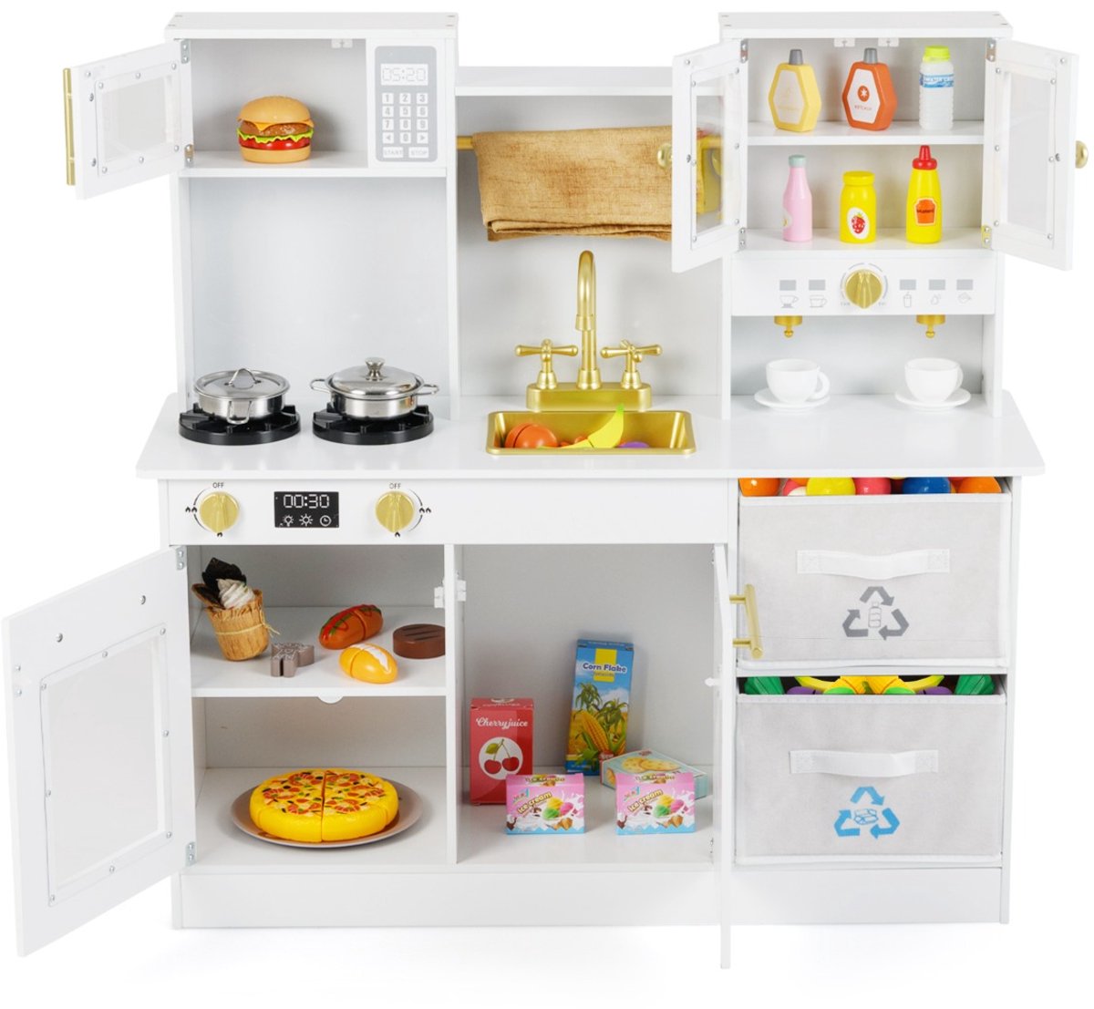 SureDeal® - Rollenspell - Kinderkeuken Speelset Houten - Fornuis Geluid - Licht Koffiemachine Kraan - Kookgerei Wit - 91x30x90 cm - Wit