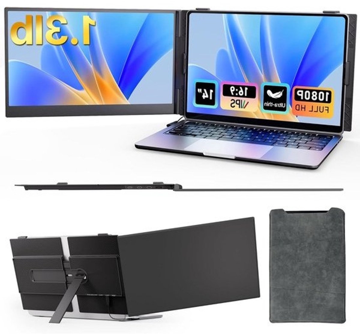 Laptop Scherm Extender - Dubbel Scherm Monitor - Productiviteit Verhogen - Ultradun Draagbaar Ontwerp - 14 Inch FHD - Zwart