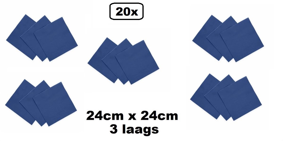 20 stuks Servetten blauw 24cm x 24cm - 3 laags - Party Cocktail servet diner eten knoeien restaurant BBQ thema feest verjaardag feest