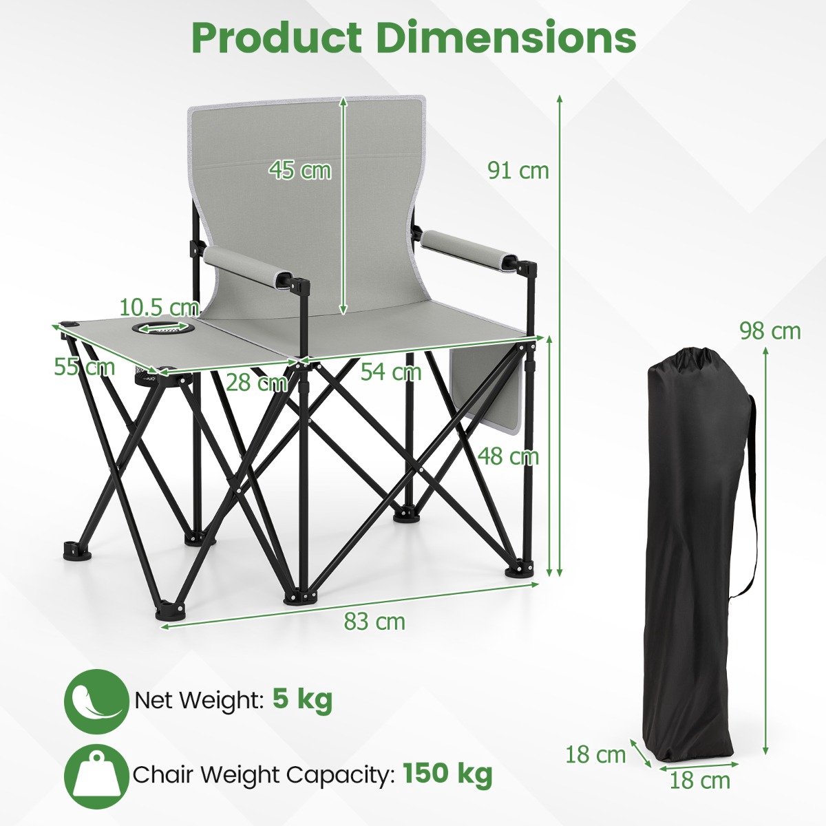 SureDeal® - Kamper - 2-delige Strandstoel Opvouwbare - Standen Verstelbare Rugleuning - Armleuningen Grijs - 83x55x91 cm - Grijs
