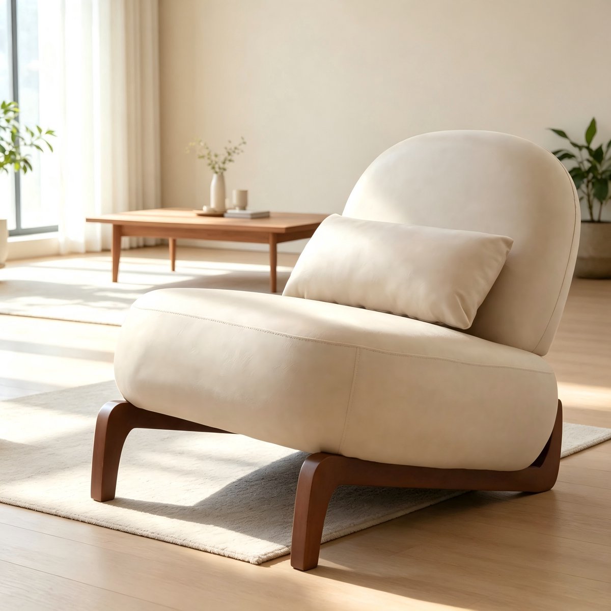 zachte kussens, knusse slaapkamerstoel, comfortabele armloze leesstoel voor appartement, wachtruimte, balkon- kameelkleurig kunstleder