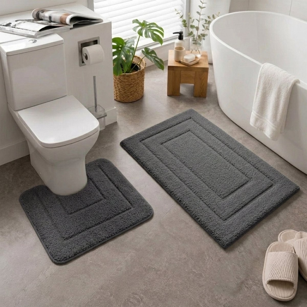 LitaLente Badmattenset (2-delig) – Badmat 50x80 cm & Toiletmat met U-uitsparing 40x50 cm – Zachte Microvezel – Antislip & Absorberend – Machinewasbaar – Antraciet