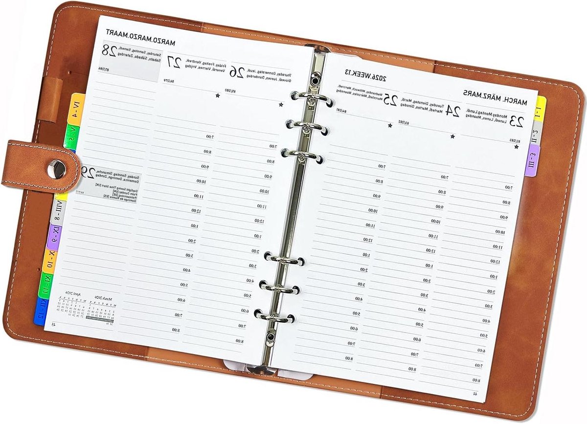 Agenda 2026 - Weekplanner A5 - Dagelijkse Planning - Meertalig Verticale Tijd - 1 Week 2 Pagina's - Bruin