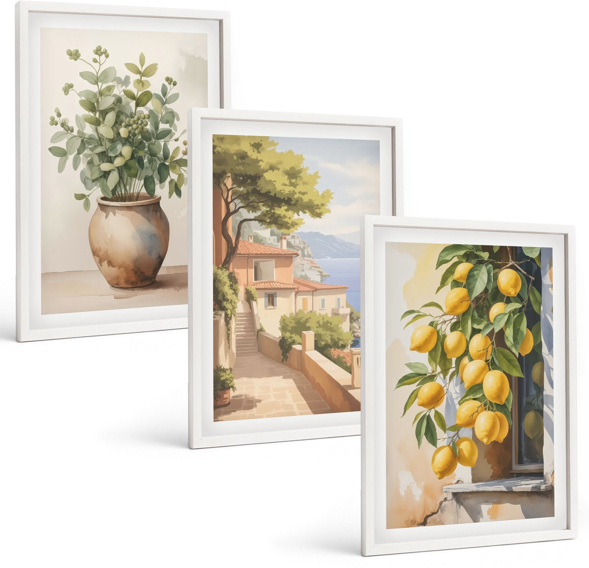 Wallfluent 3-Delige Schilderij Set - Bloemen In Een Vaas Met Uitzicht Op Zee En Citroenen - 40 x 60 - Stijlvolle Wanddecoratie - Interieur - Decoratieve Schilderijen