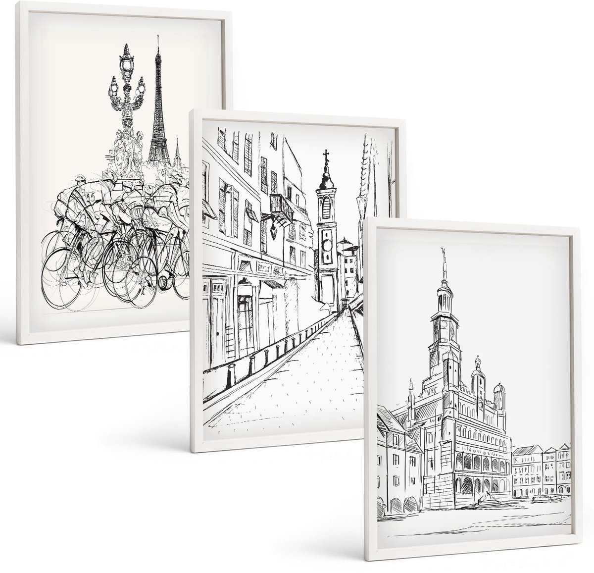 Wallfluent 3-Delige Schilderij Set - Eenvoudige Tekeningen Van Stadsgezichten - 40 x 60 - Muurdecoratie - Wanddecoratie - Slaapkamer - Interieur Decoratie
