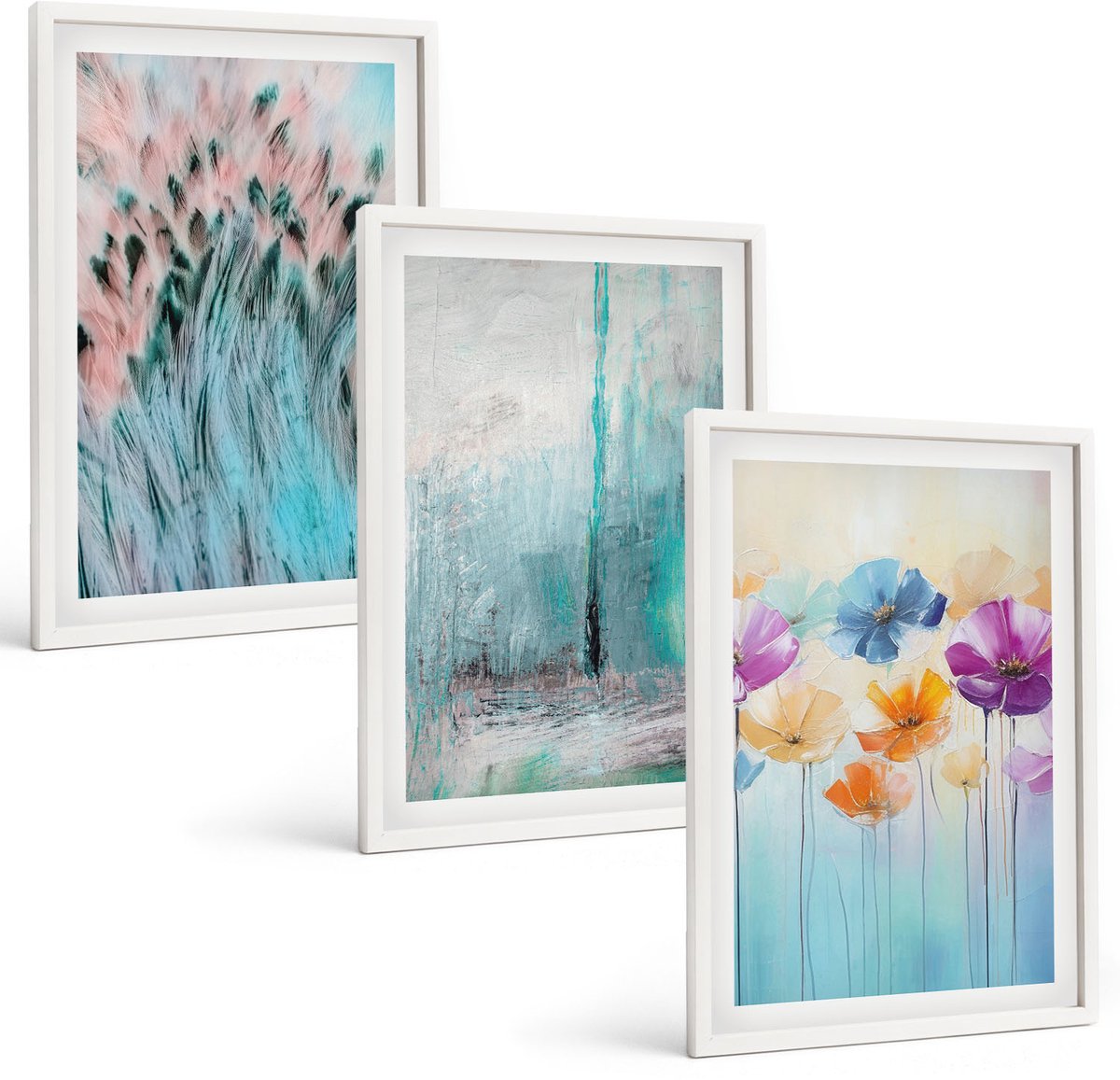 Wallfluent 3-Delige Schilderij Set - Bloemen Op Een Achtergrond Van Pastelkleuren En Delicate Patronen. - 40 x 60 - Decoratieve Schilderijen - Wanddecoratie - Hal