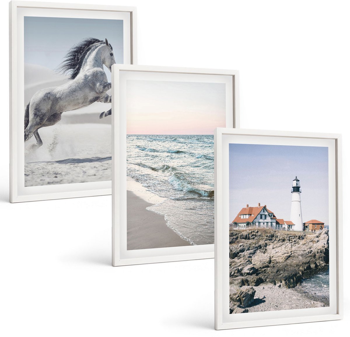 Wallfluent 3-Delige Schilderij Set - Paarden In Beweging, Strand En Vuurtoren, Watergolven - 40 x 60 - Muurdecoratie - Schilderijen Set - Woonkamer - Moderne Wanddecoratie