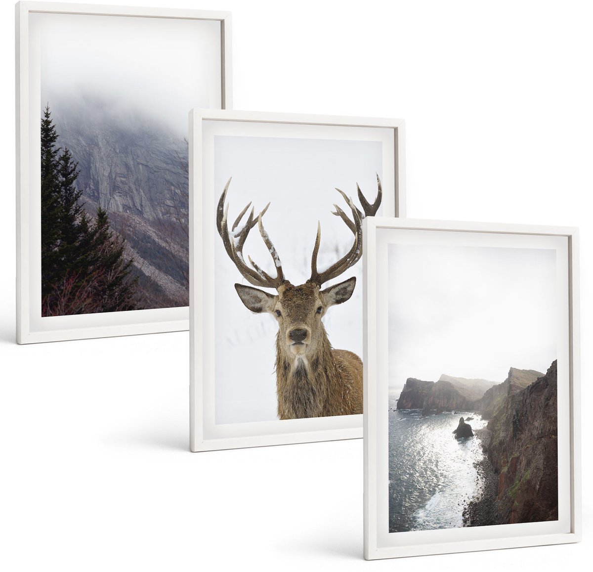 Wallfluent 3-Delige Schilderij Set - Berglandschap Met Mist, Water En Herten - 40 x 60 - Decoratieve Muurdecoratie - Slaapkamer - Moderne Wanddecoratie