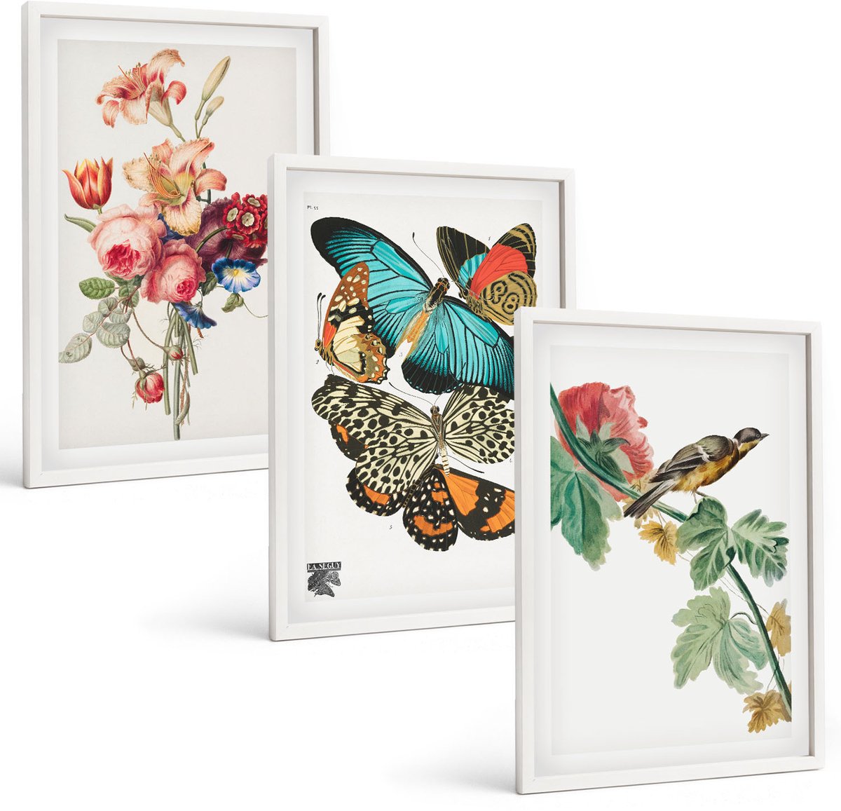 Wallfluent 3-Delige Schilderij Set - Bloemen, Vlinders En Vogels In Pasteltinten - 40 x 60 - Decoratieve Schilderijen - Woonkamer - Interieur - Wanddecoratie