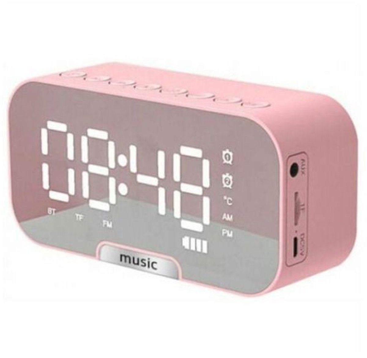 5-in-1 multifunctionele klok, Bluetooth-luidspreker, FM-radio, digitale wekker met spiegel, temperatuurweergave, oplaadbaar - roze