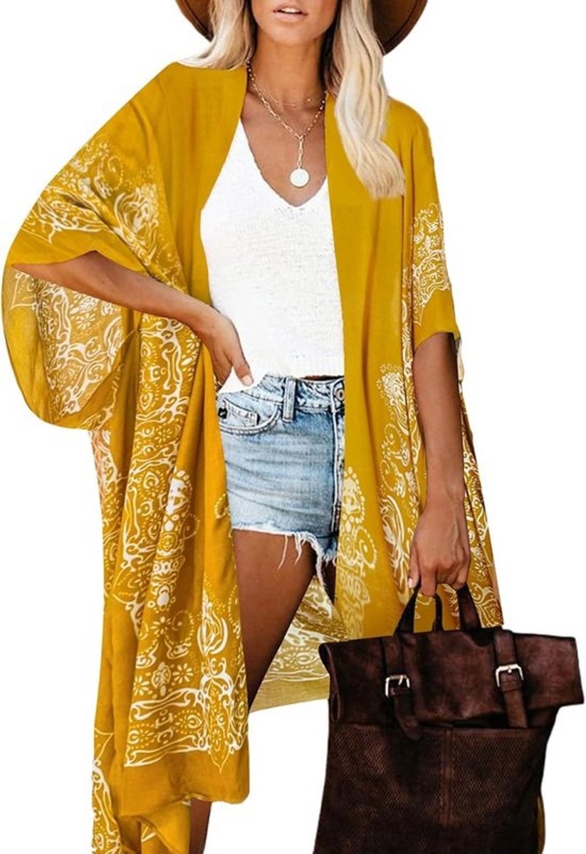 Kimono voor dames - Mustard Print badpak coverup voor zomer