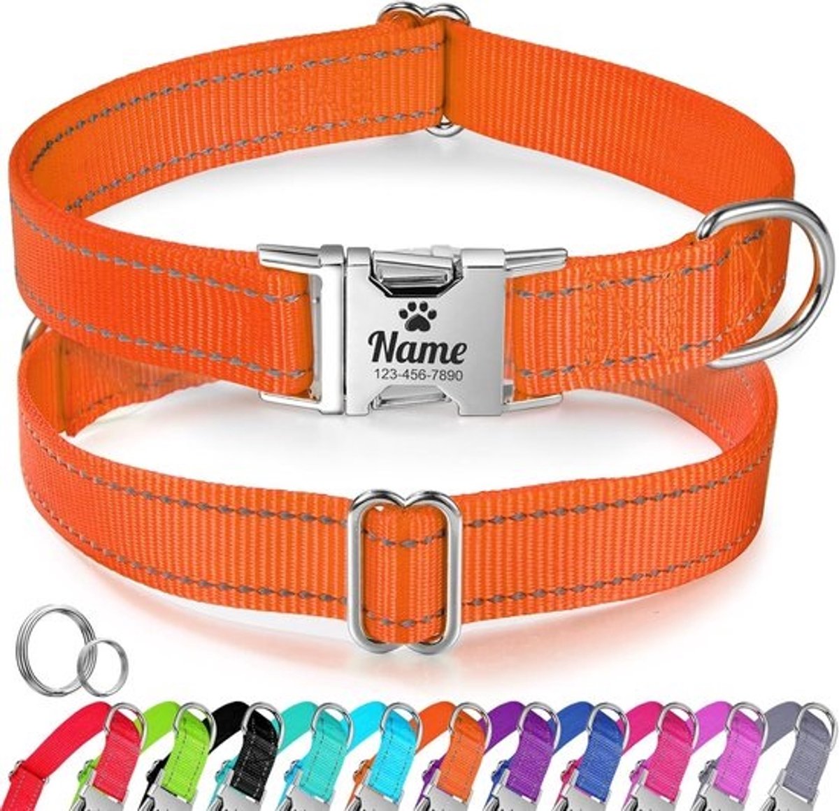 Gepersonaliseerde reflecterende hondenhalsband met gegraveerde naam en telefoonnummer