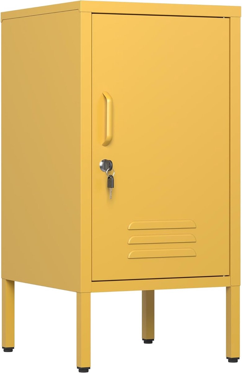 Industrieel Metalen Nachtkastje - Afsluitbaar met Slot - geel (Mat) - Modern Kastje met 2 Verstelbare Planken - Locker Stijl - 15 cm Poten