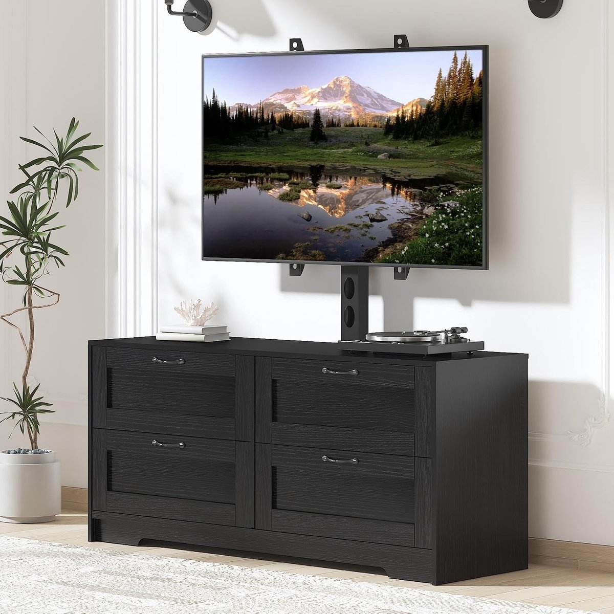 Universeel TV-Meubel met Beugel - Voor 32 t/m 85 inch - TV-Standaard met 4 Laden - Hoogte Verstelbaar - Max. 75 kg - Kabelbeheer - Zwart & Houtlook