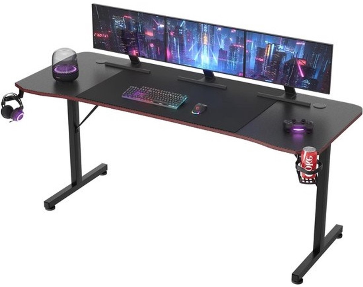 Gaming Tafel 180 x 60 cm - Zwart met Headsethouder en Beershouder