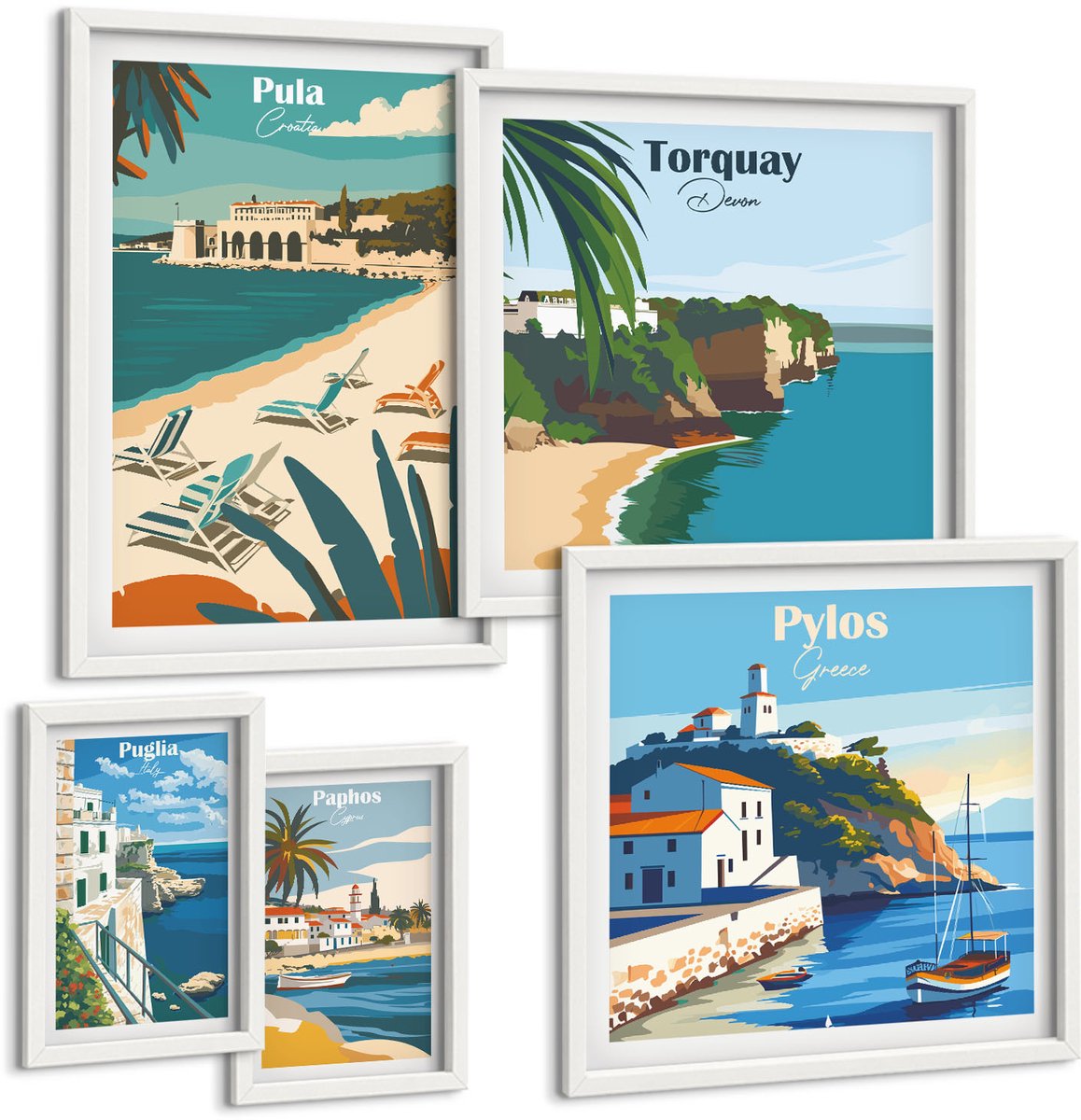Wallfluent 5-Delige Schilderij Set - Kustlandschappen Met Charmante Plekjes In Europa - 50 x 50 cm, 20 x 30 cm En 40 x 60 cm - Wanddecoratie - Muurdecoratie - Moderne Interieurdecoratie