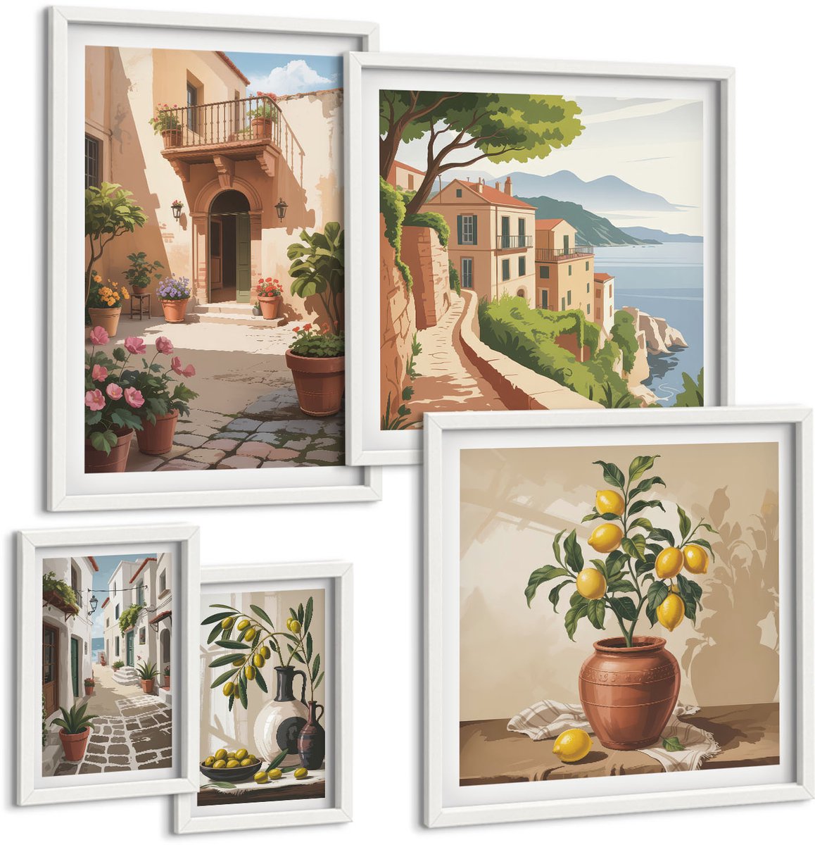Wallfluent 5-Delige Schilderij Set - Gezellige Straatjes En Bloemenaccenten In Mediterrane Stijl. - 50 x 50 cm, 20 x 30 cm En 40 x 60 cm - Wanddecoratie - Woonkamer Decoratie