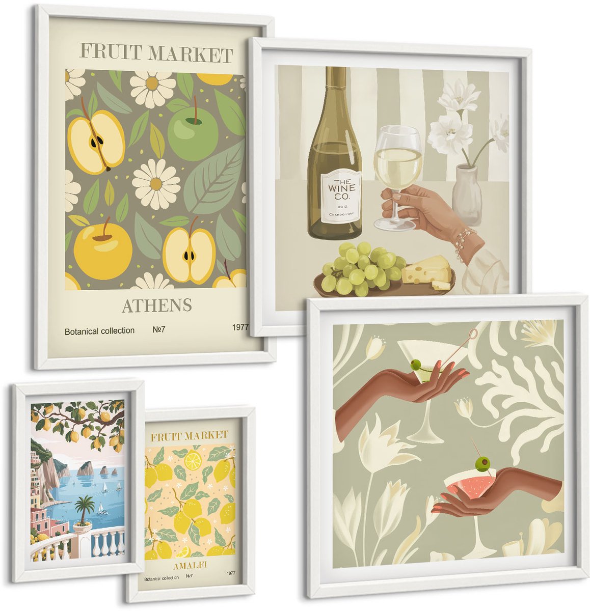 Wallfluent 5-Delige Schilderij Set - Sfeervolle Fruit- En Botanische Illustraties Uit De Jaren 70 - 50 x 50 cm, 20 x 30 cm En 40 x 60 cm - Muurdecoratie - Decoratieve Schilderijen - Wohnzimmer - Stijlvolle Muurdecoratie