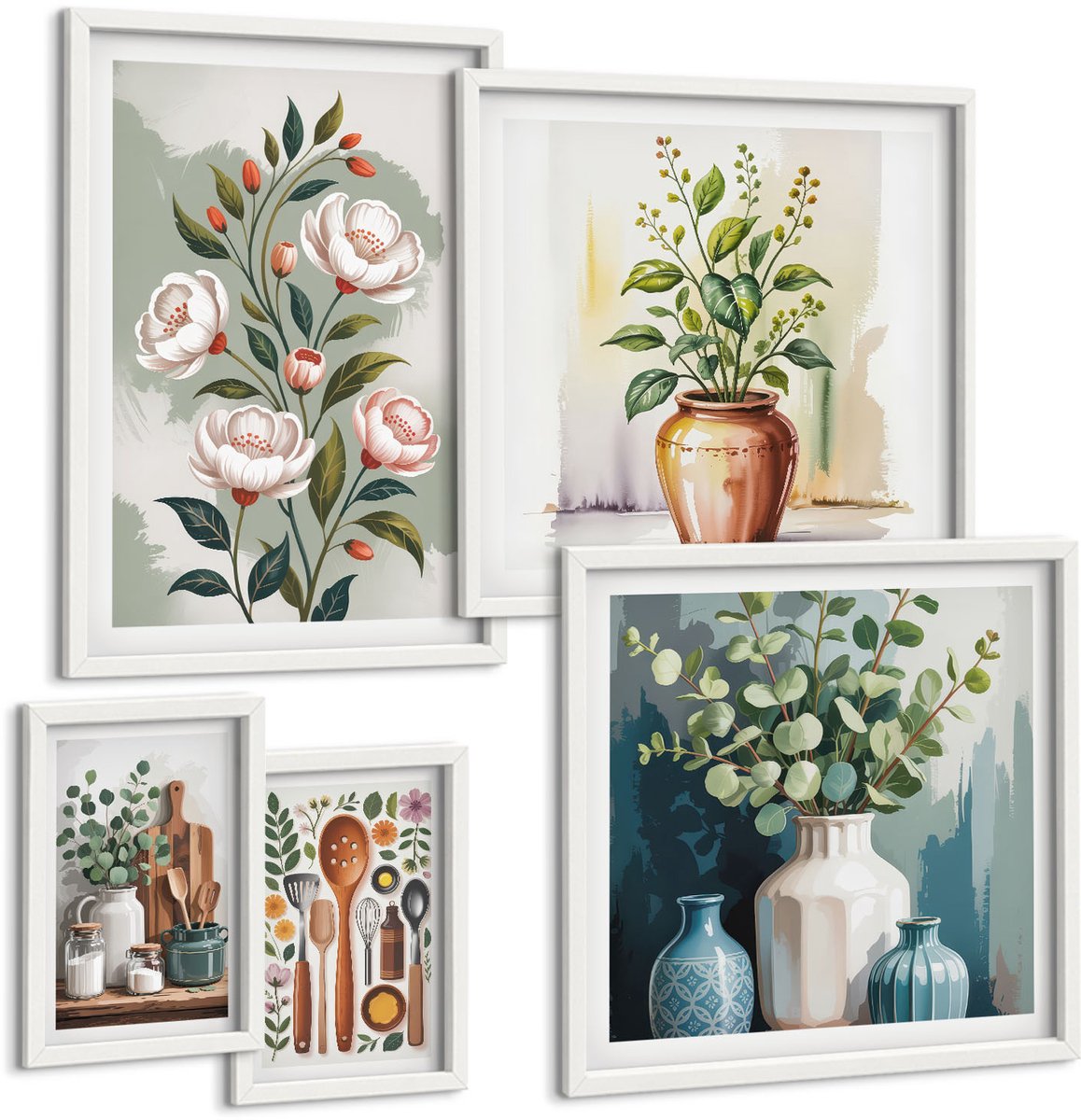 Wallfluent 5-Delige Schilderij Set - Stijlvolle Decoraties Met Plantmotieven En Keukenaccessoires - 50 x 50 cm, 20 x 30 cm En 40 x 60 cm - Wanddecoratie - Moderne Interieurdecoratie